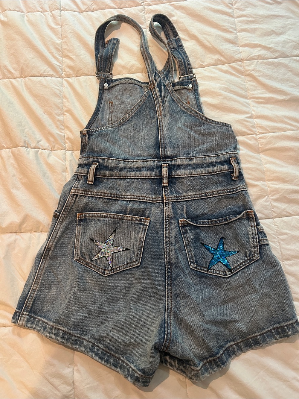 L.F Denim Short Overalls with Glitter Star & Planet Patches - Blue/pink/silver - Picture 2 of 3
